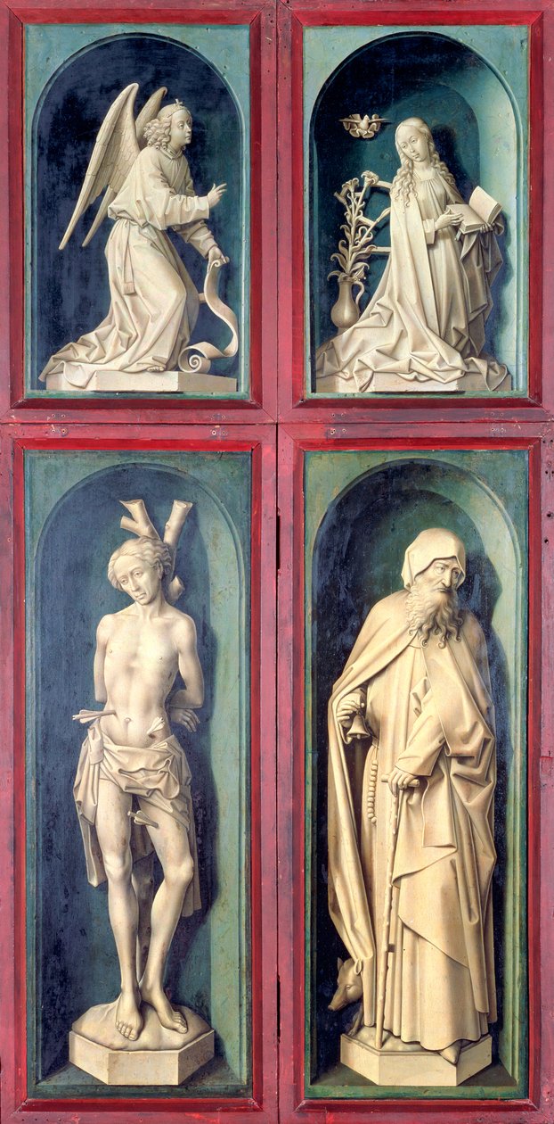 Anunciation, St. Sebastian ja St. Anthony the Great, paneelit viimeisen tuomion kääntöpuolelta, n. 1445-1450 tekijältä Rogier van der Weyden