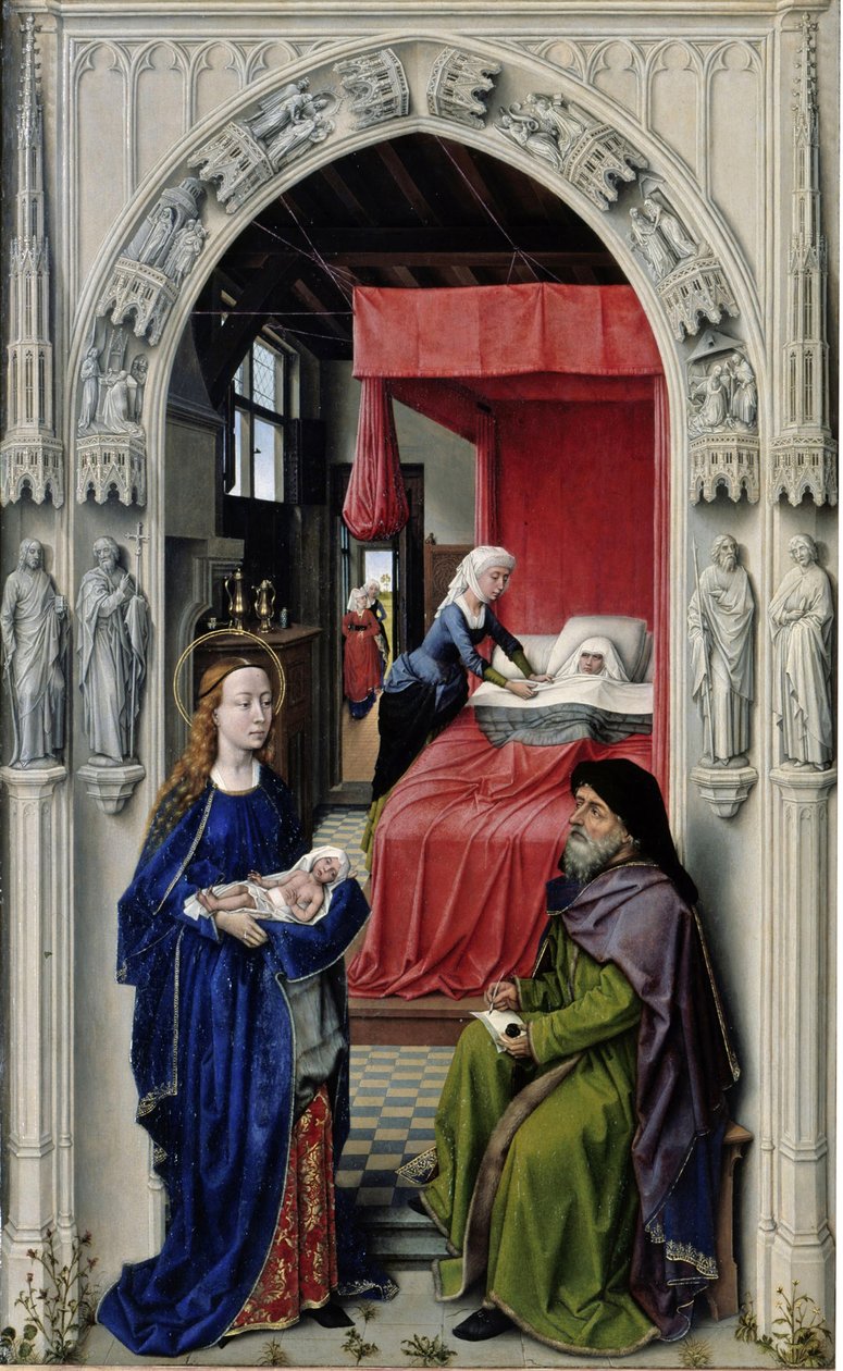 Johannes Kastajan syntymä Pyhän Johanneksen alttari, vasen paneeli, n. 1455 tekijältä Rogier van der Weyden