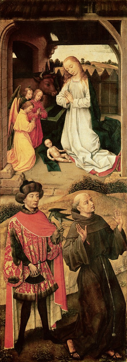 Golgatan triptyykki (vasemmalla paneelilla, syntymäkirkko yläosassa, pyhä Franciscus Assisilainen ja mahdollisesti Pyhän Julianus sairaalanhoitaja alaosassa) tekijältä Rogier van der Weyden