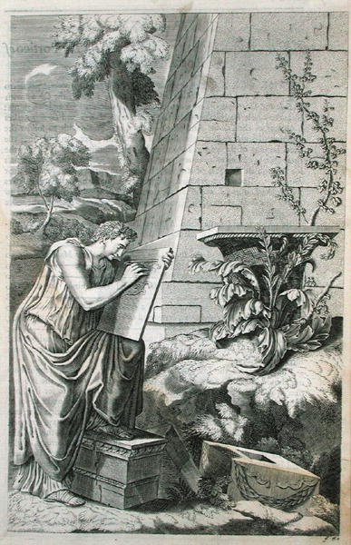 Klassinen kohtaus arkkitehdista työssään, kuvitus Chambrayn teoksesta "Parallel of the Ancient Architecture with the Modern" julkaistu 1723 (kaiverrus) tekijältä Roland (after) Freart de Chambray