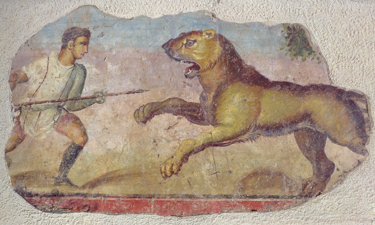 Gladiaattori taistelee leijonaa vastaan, Meridan amfiteatterista tekijältä Roman