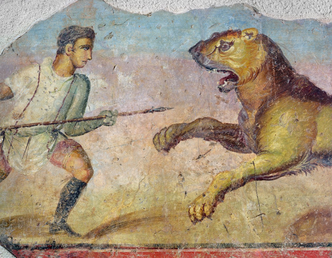 Gladiaattori taistelee leijonaa vastaan Meridan amfiteatterin freskon yksityiskohdasta 696579 tekijältä Roman