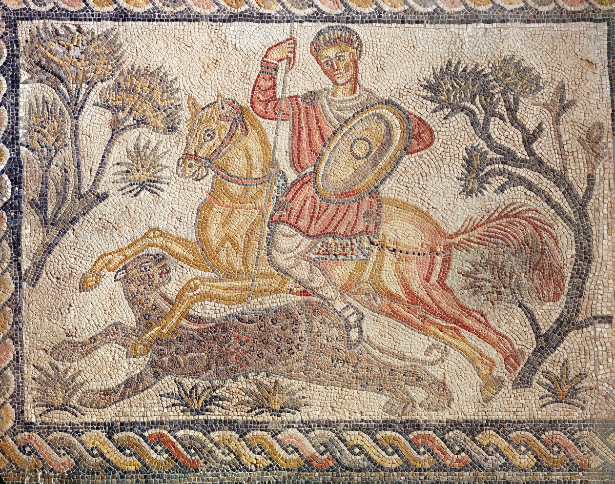 Leopardin metsästystä kuvaava mosaiikki Villa de las Tiendasista, n. 326-400 (mosaiikki) tekijältä Roman