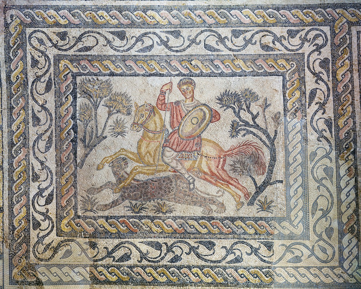 Leopardin metsästystä kuvaava mosaiikki Villa de las Tiendasista, n. 326-400 (mosaiikki) tekijältä Roman