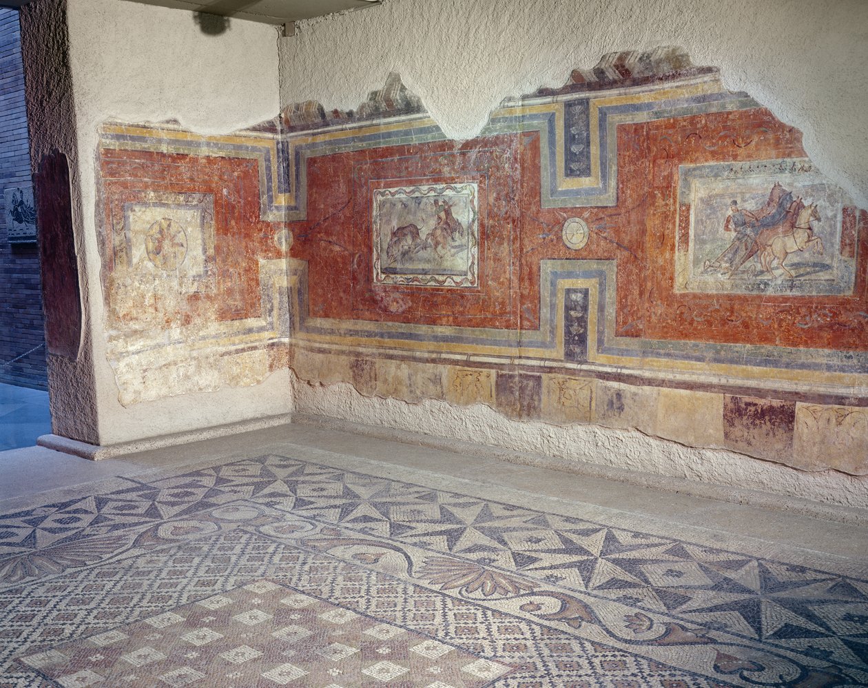 Roomalaisen talon sisätilojen virkistys, jossa on mosaiikkilattiat ja seinämaalaukset, jotka kuvaavat sirkusta ja metsästyskohtauksia (freskot ja mosaiikki) tekijältä Roman