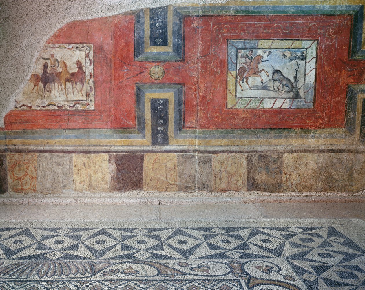 Roomalaisen talon sisätilojen virkistys, jossa on mosaiikkilattiat ja seinämaalaukset, jotka kuvaavat sirkusta ja metsästyskohtauksia (freskot ja mosaiikki) tekijältä Roman