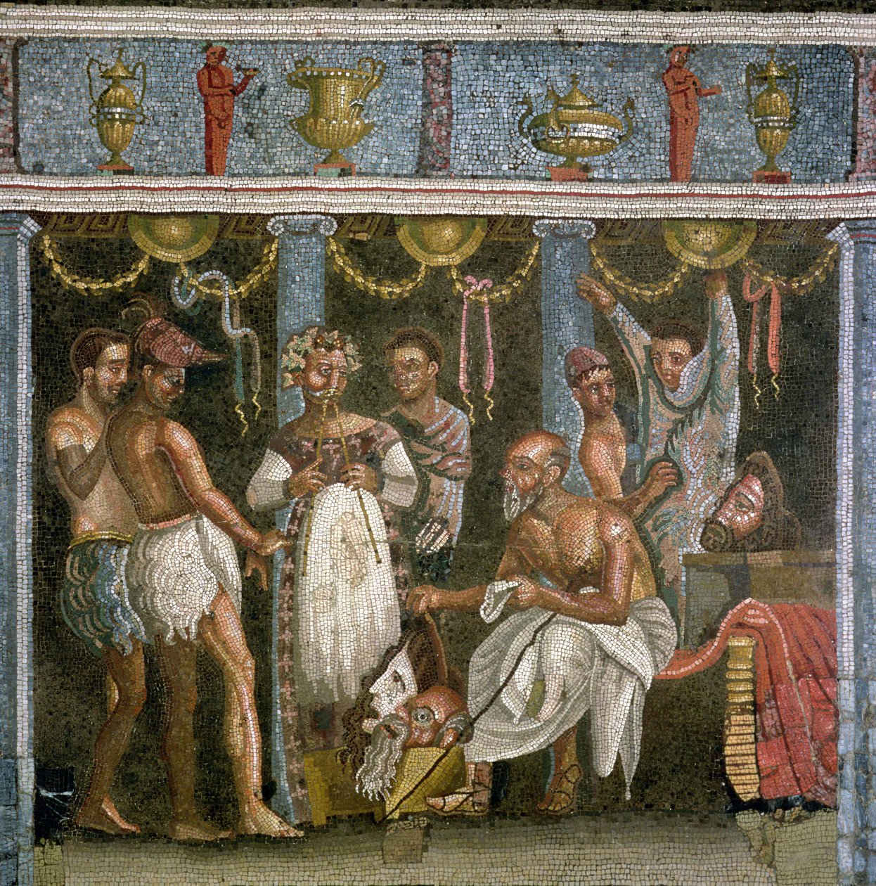 Näyttelijät harjoittelevat Satyr-näytelmää, n. 62-79 jKr (mosaiikki) tekijältä Roman