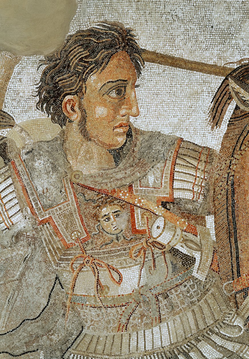 Aleksanteri Suuri (356-323 eKr.) Aleksanterin mosaiikista, joka kuvaa Issuksen taistelua Aleksanterin ja Darius III:n (399-330 eKr.) välillä vuonna 333 eKr., lattiamosaiikki poistettu Casa del Faunosta (talosta) tekijältä Roman