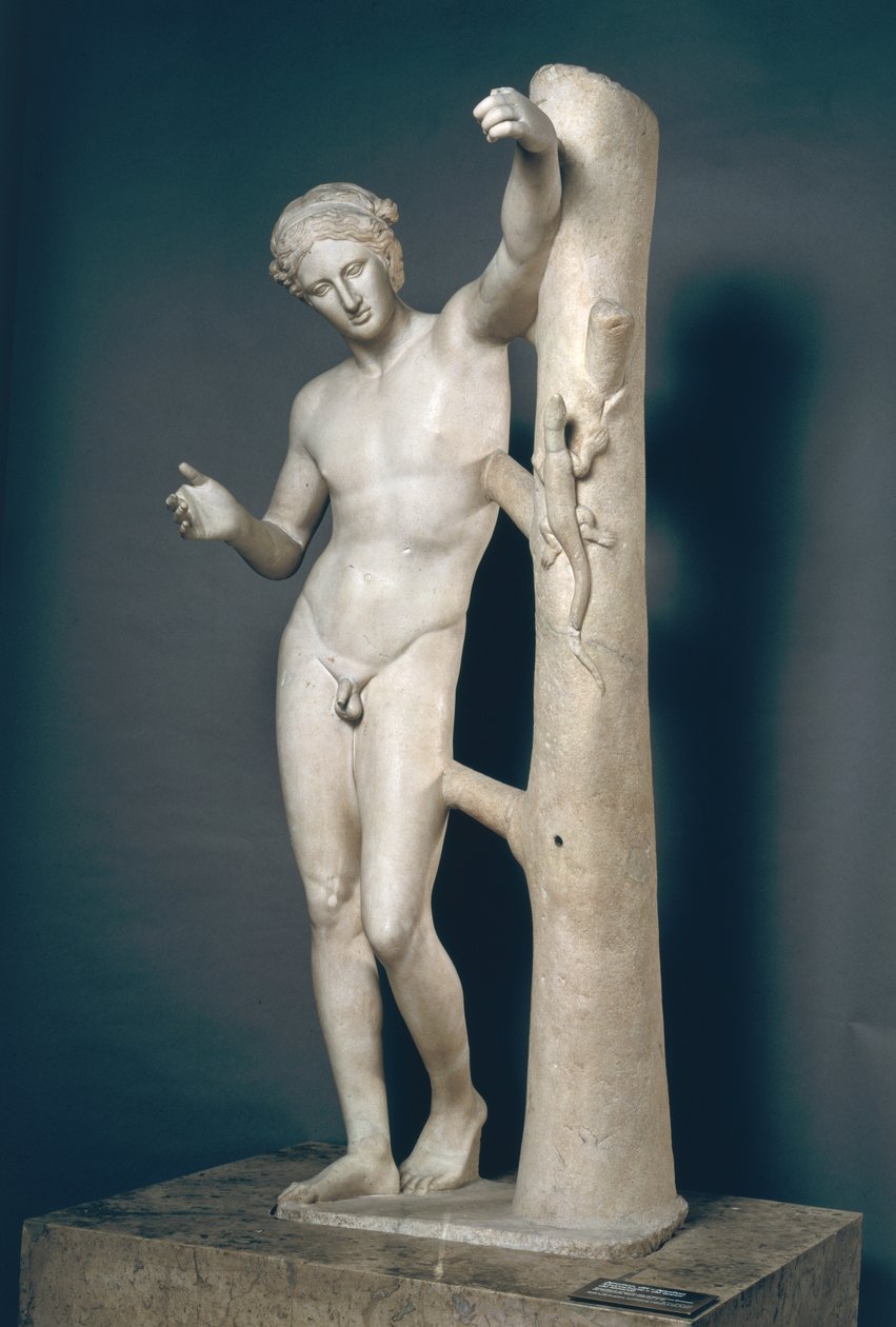Apollo Sauroktonos (Lizard Killer) Roomalainen kopio kreikkalaisesta pronssista, joka tehtiin noin 350 eaa. ja johtui Praxiteleksestä (fl.n. 370-339 eKr.) (marmori) tekijältä Roman