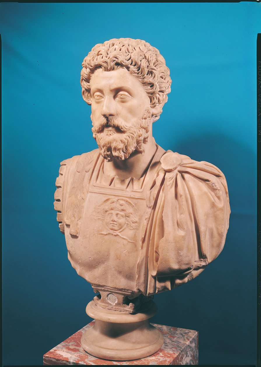 Marcus Aureliuksen (121-180) rintakuva (marmori) tekijältä Roman
