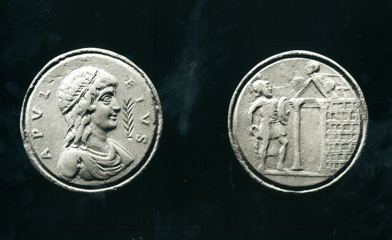 Apuleiusta (n. 124-170 jKr.) esittävä kontorniitti ja kääntöpuoli, jossa sotilas temppelin edessä, 4-5. vuosisata (pronssi) (ks. myös 136304). tekijältä Roman