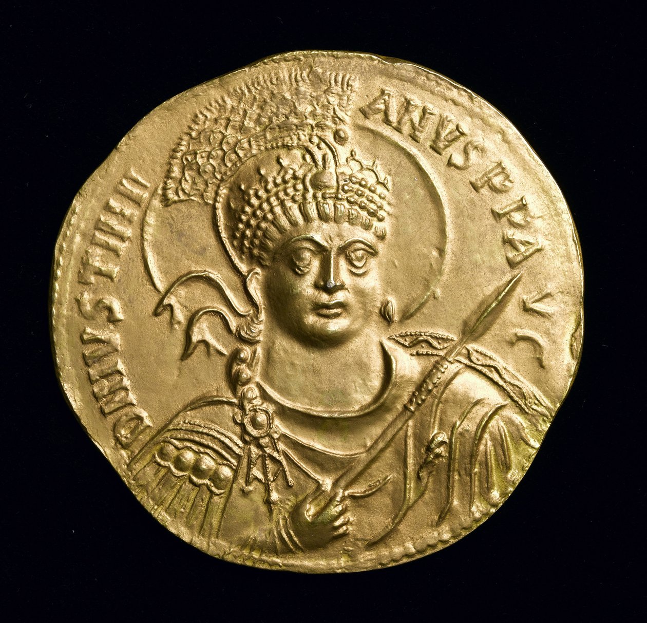 Kopio Justinianus I:n (527–65 jKr.) suuresta kultamitalista, n. 534 jKr (elektrotyyppi) (katso 257495) tekijältä Roman