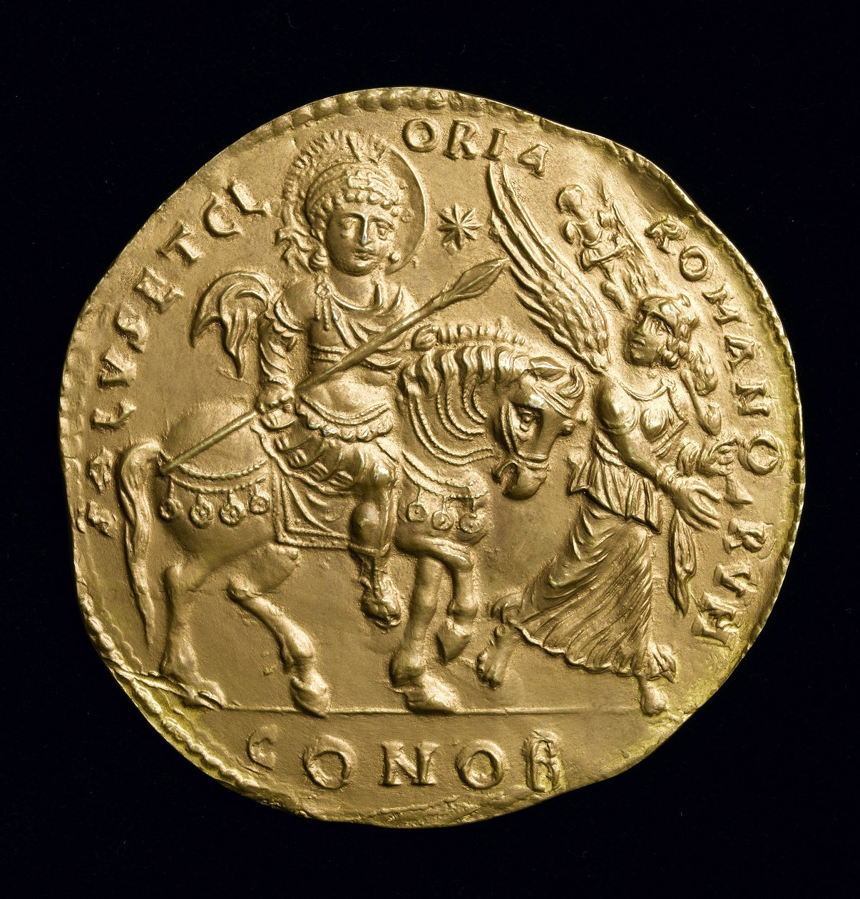 Kopio Justinianus I:n (527–65 jKr.) suuresta kultamitalista kääntöpuoli, n. 534 jKr (elektrotyyppi) (katso 257495) tekijältä Roman