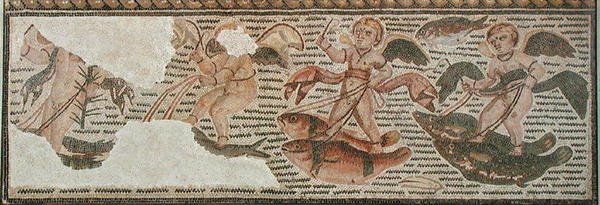 Kupidot ratsastavat kalalla, katkelma Soussen (Hadrumetum) Tunisiasta (mosaiikki). tekijältä Roman