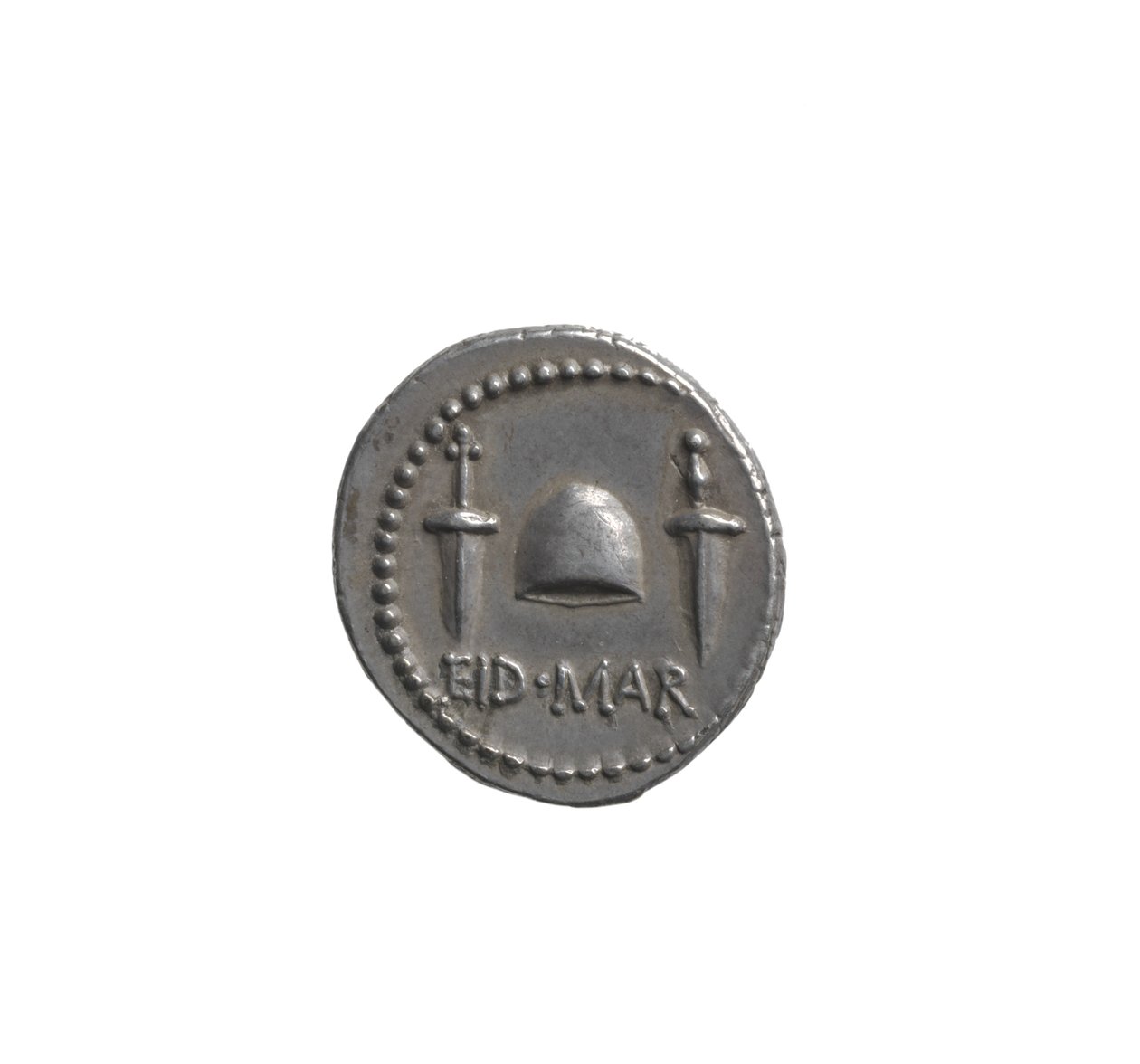 Brutuksen päätä esittävä denari (hopea) tekijältä Roman