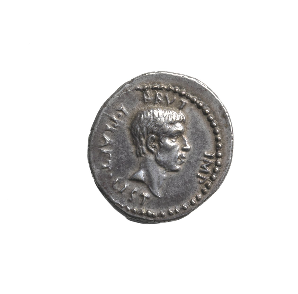 Denarius kuvaa Brutuksen päätä (hopea) tekijältä Roman