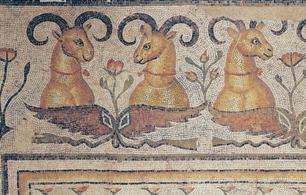 Yksityiskohta jalkakäytävän reunalta, huvilan pihalta Daphnessa, Antiokiassa (mosaiikki) tekijältä Roman