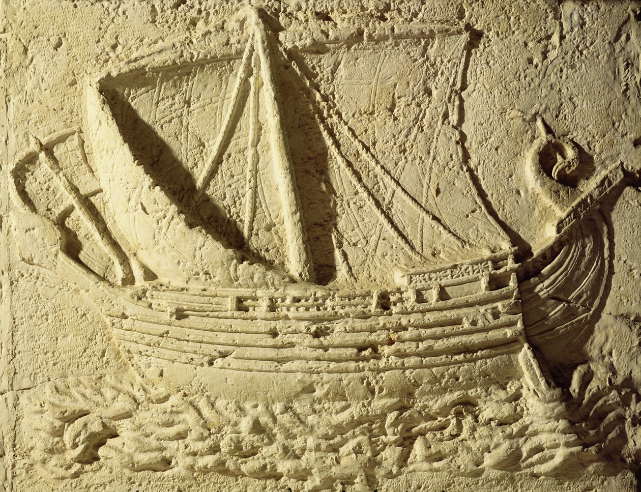 Yksityiskohta veneen reliefistä, sarkofagin kivestä. tekijältä Roman