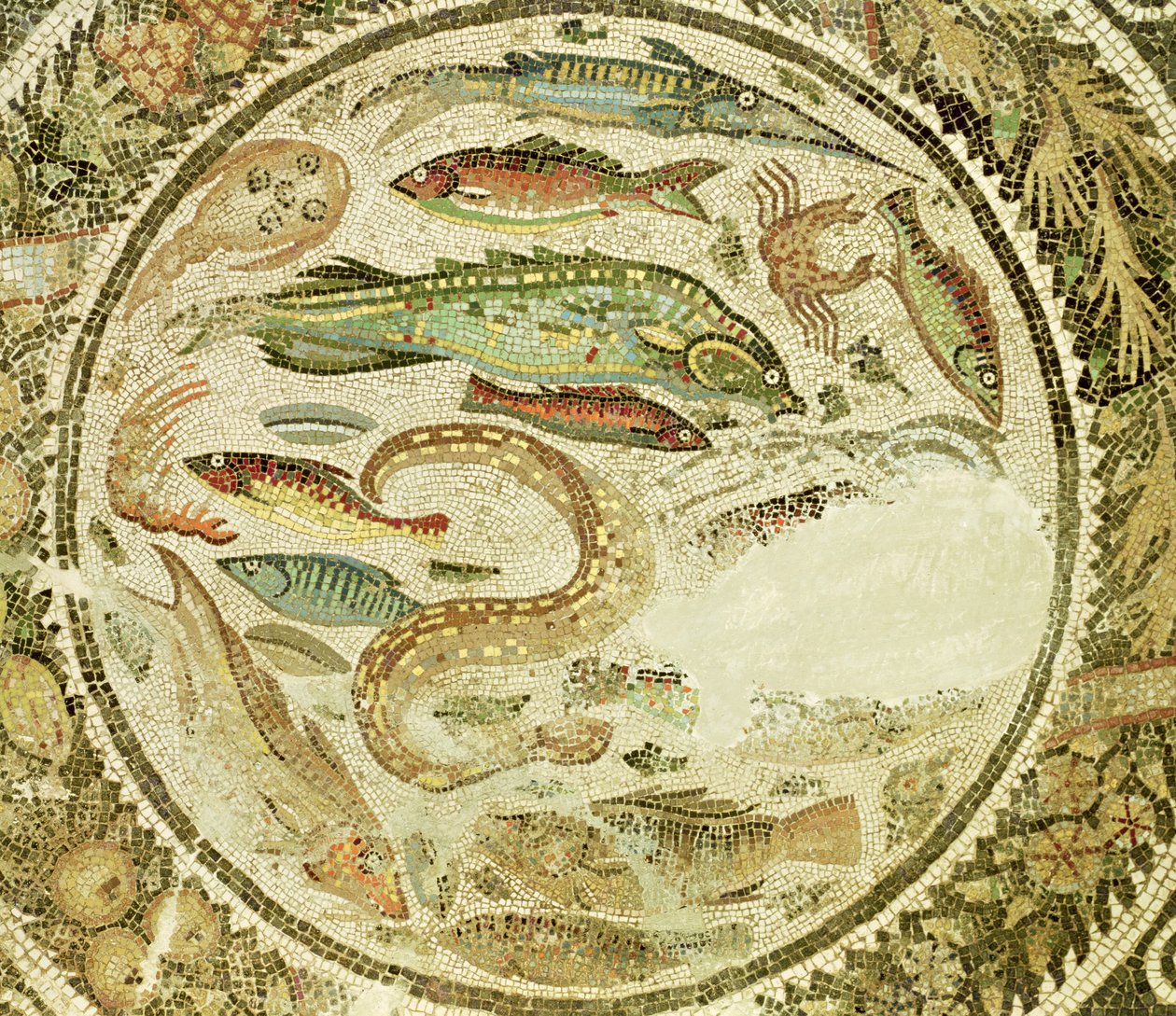 Yksityiskohta kalasta, The Four Seasons, Vega Baja -mosaiikista tekijältä Roman