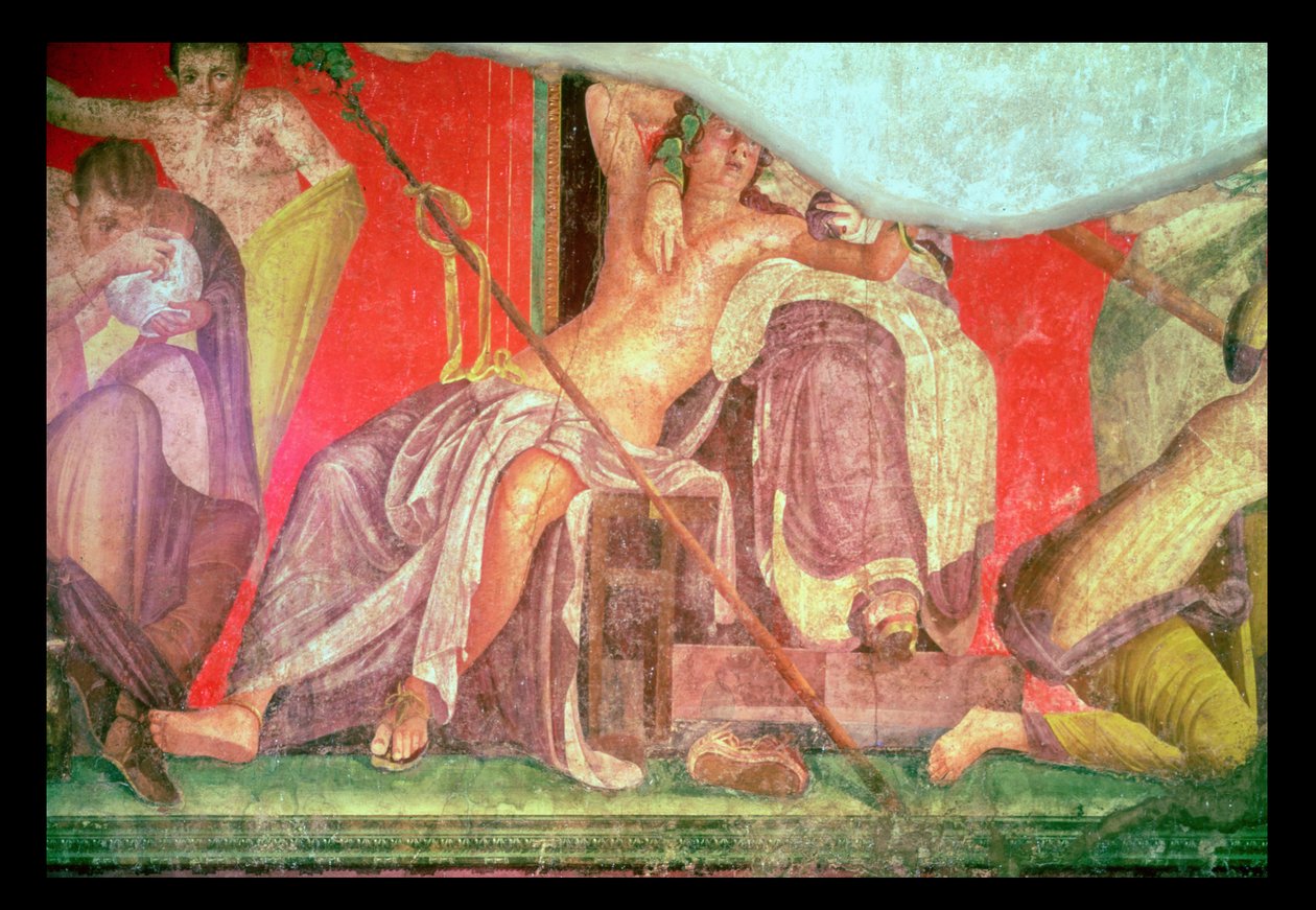Dionyysinen seurue, jossa Dionysos makaa naisen (mahdollisesti Ariadnen, Afroditen tai Semelen) sylissä, itäseinä, Oecus 5, 60-50 eKr. tekijältä Roman