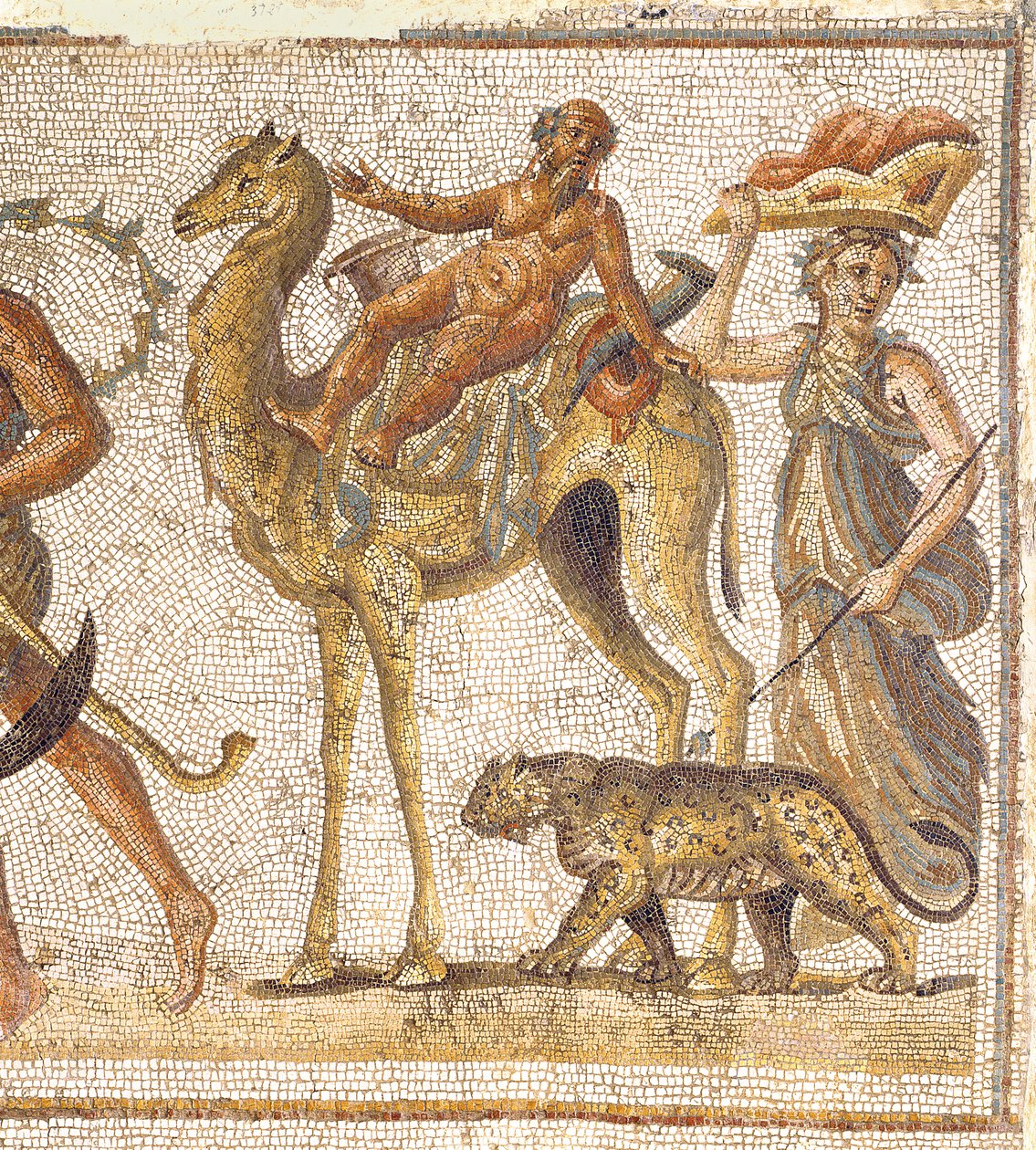 Dionysiolainen kulkue, El-Jem Thysdrusin yksityiskohta Silenuksen kamelilla ratsastavasta mosaiikkiyksityiskohdasta 174324 tekijältä Roman