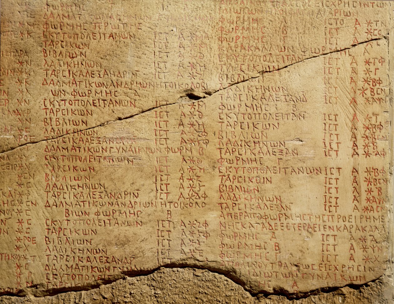Keisari Diocletianuksen edikti (245-313) tavaroiden hintojen säätelystä tekijältä Roman