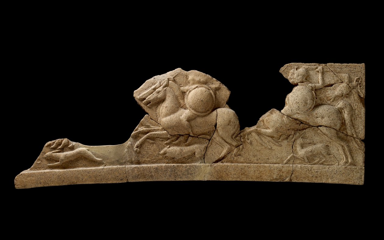 Friisi, joka kuvaa ratsastajapareja, jänistä, koiraa ja peuroa, 6. vuosisadan toinen puoli eKr. (terrakotta) tekijältä Roman