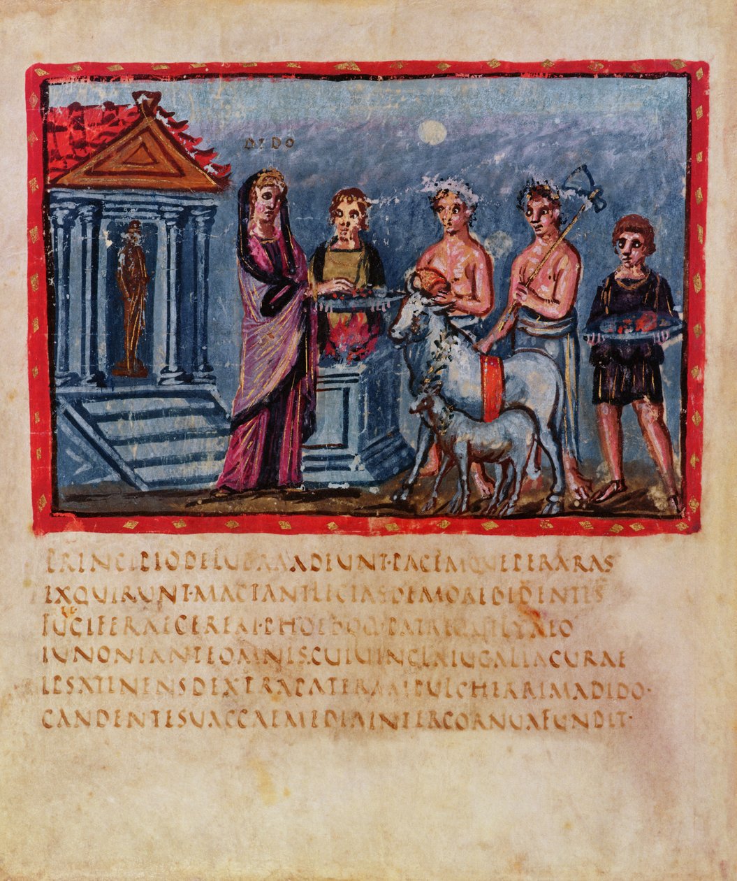 Lat 3225 f.33v Dido, joka tekee uhrauksen, Vergilius Vaticanuksesta tekijältä Roman