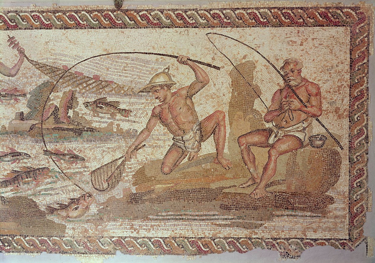 Miehet kalastamassa Niilillä, Villa Nile, Leptis Magna (mosaiikki) tekijältä Roman