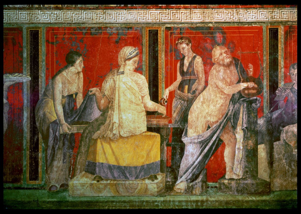 Ministeri kantamassa ruokatarjotinta, jossa Silenus soittaa lyyraa ja nuori satyyri soittamassa Syrinxiä, North Wall, Oecus 5, 60-50 eKr. tekijältä Roman