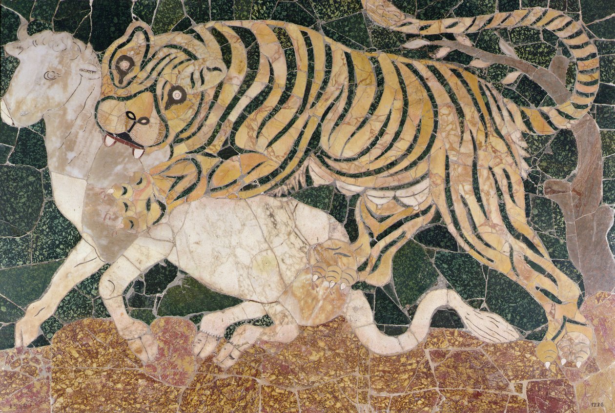 Paneeli, joka esittää tiikerin hyökkäävän (marmori) tekijältä Roman