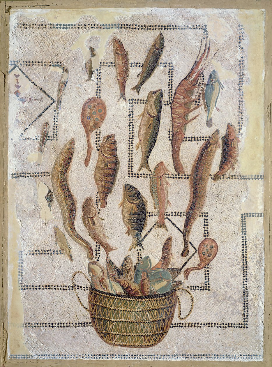 Jalkakäytävä, joka kuvaa korista pakenevia kaloja, Soussesta (mosaiikki) tekijältä Roman