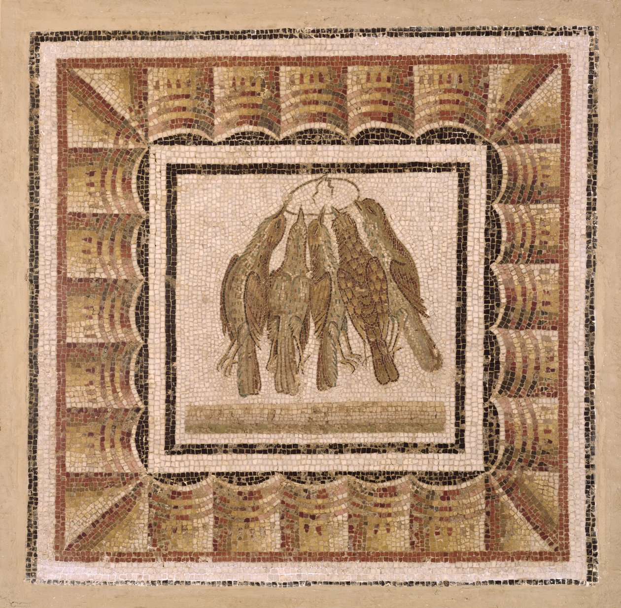 Viittä rastasta kuvaava jalkakäytävä El-Jemistä (Thysdrus) (mosaiikki) tekijältä Roman