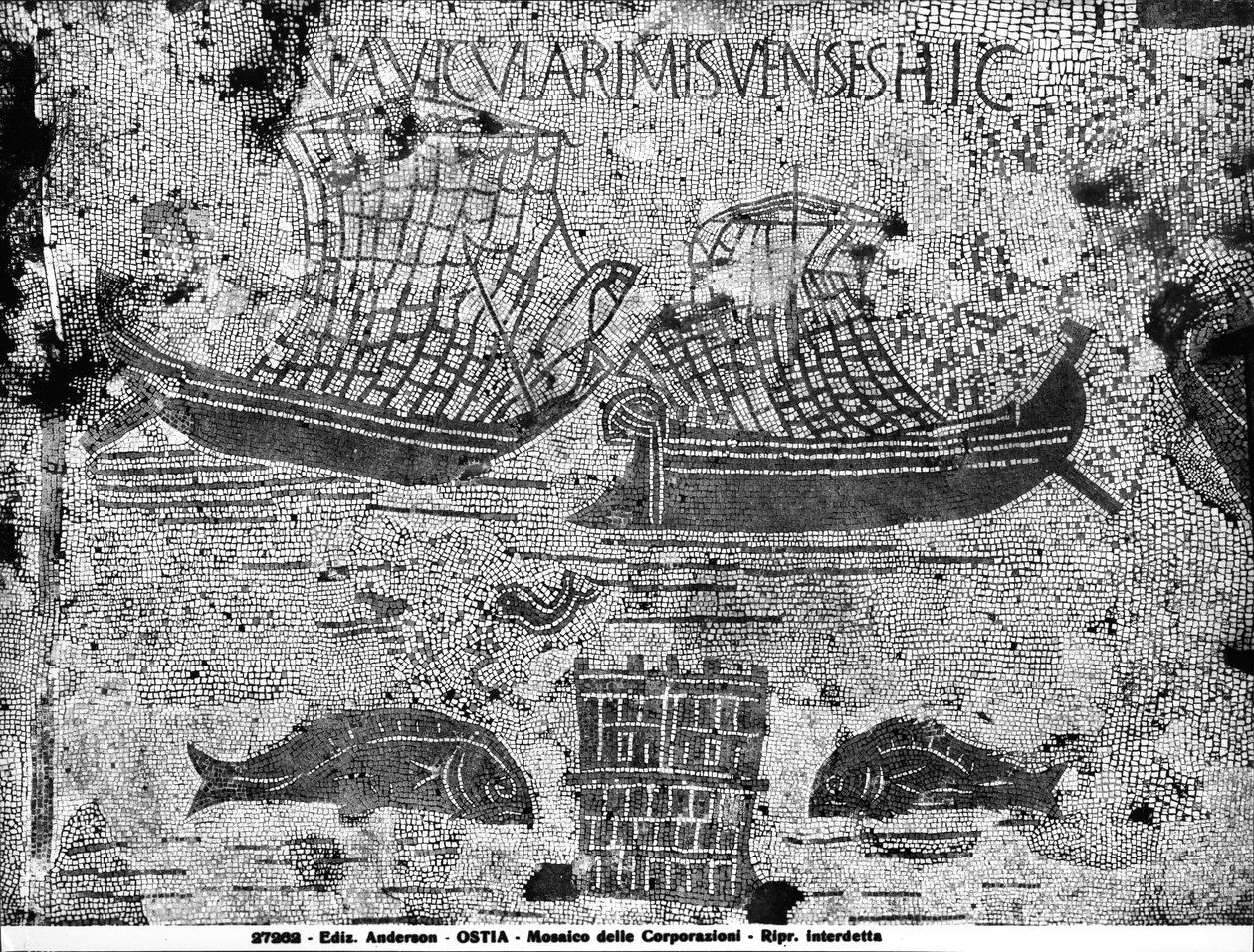 Jalkakäytäväyksityiskohta Piazzale dell Corporazionilta, joka kuvaa merenkulkumaisemaa (mosaiikki) tekijältä Roman