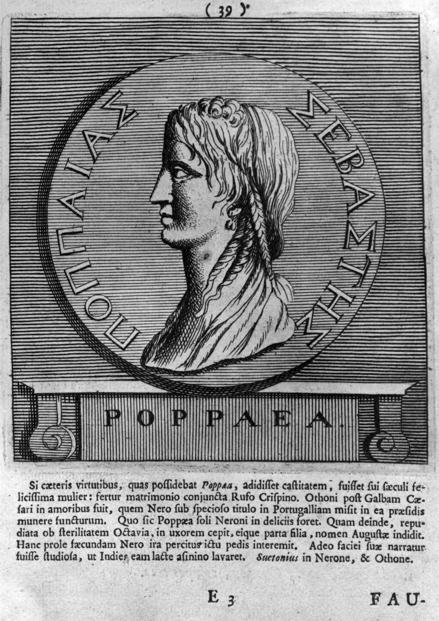 Poppaea Sabina, kaiverrus roomalaisen kolikon mukaan vuodelta 54-68 jKr. tekijältä Roman