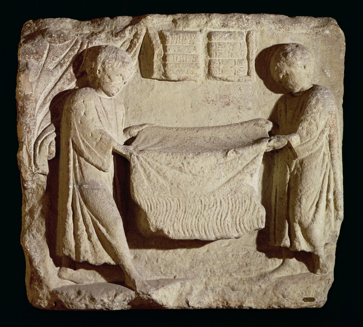 Relief, joka kuvaa verhoa hänen kaupassaan tekijältä Roman