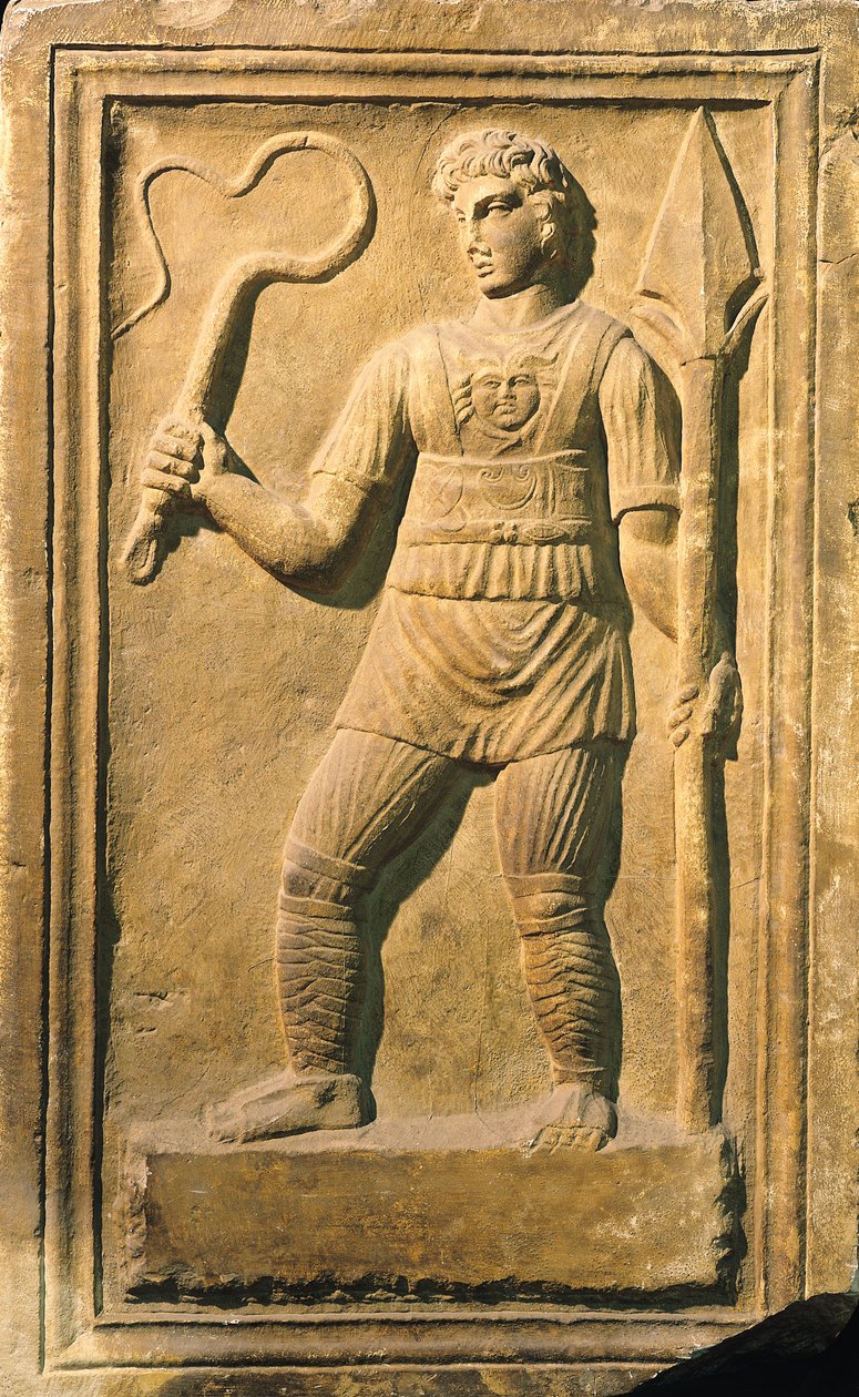 Reliefi, joka kuvaa gladiaattoria pitämään ruoskaa ja keihästä tekijältä Roman