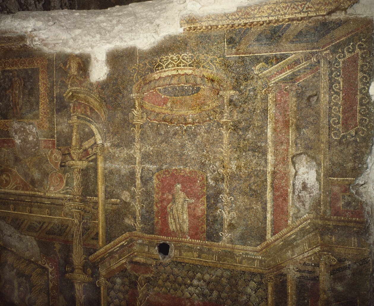 Muinaisen rakennuksen jäänteet Quirinalen kasarmin alapuolella Roomassa (mosaiikki) tekijältä Roman