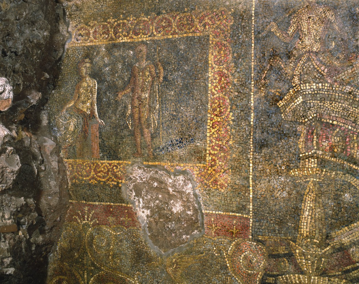 Muinaisen rakennuksen jäänteet Quirinalen kasarmin alapuolella Roomassa (mosaiikki) tekijältä Roman