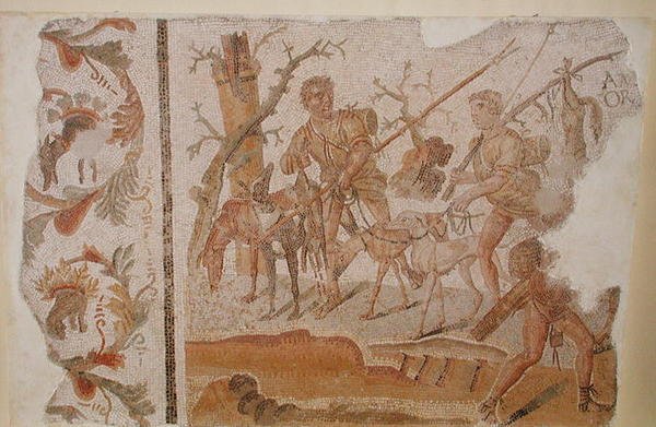 Paluu metsästyksestä, Medeinasta (muinainen Althiburos) n. 280-290 (mosaiikki) tekijältä Roman