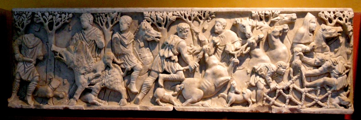 Sarkofagi, joka esittää metsästystä (marmori) tekijältä Roman