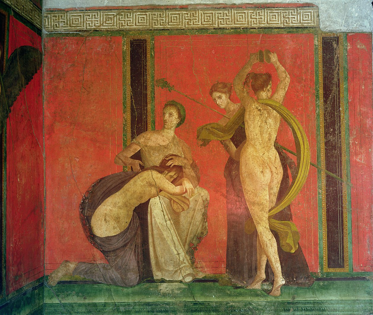 Ruostettu nainen ja tanssija symbaalien kanssa, eteläseinä, Oecus 5, toinen pompeilainen tyyli tekijältä Roman