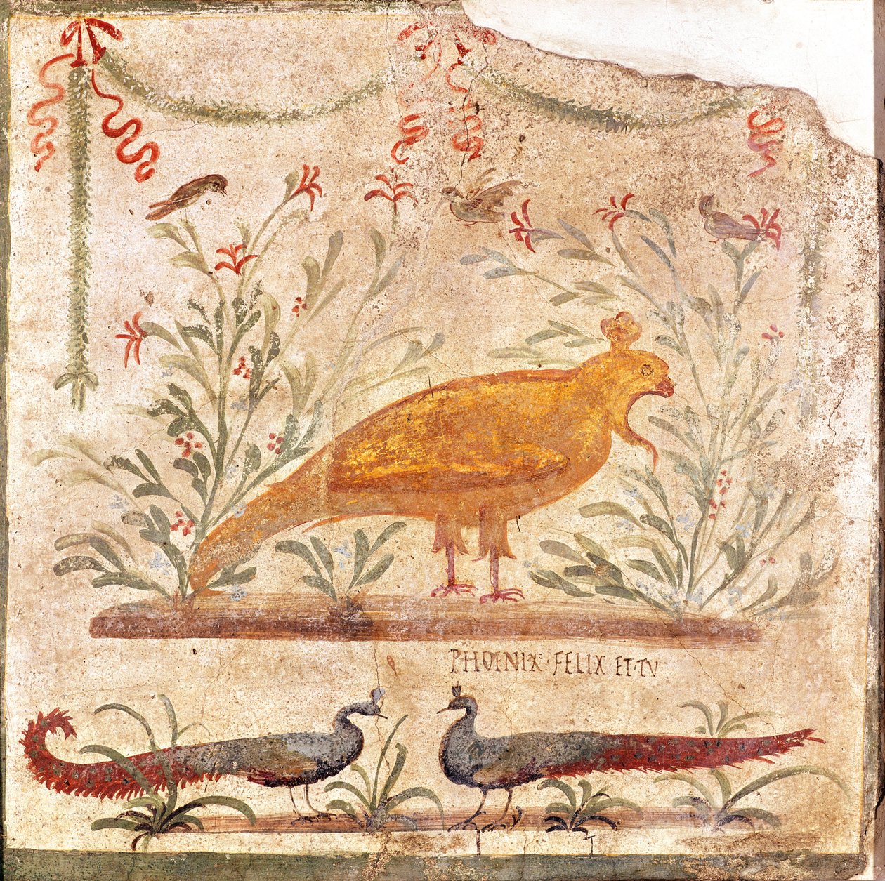 Termopoliumin (taverna) kyltti, jossa on feeniks ja kirjoitus "Phoenix Felix et Tu", 1. vuosisata eKr.- 79 jKr. tekijältä Roman