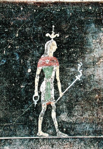 Seisova jumala, yksityiskohta tabliniumista, joka on koristeltu egyptiläisillä maalauksilla, n. 27-14 eaa. tekijältä Roman