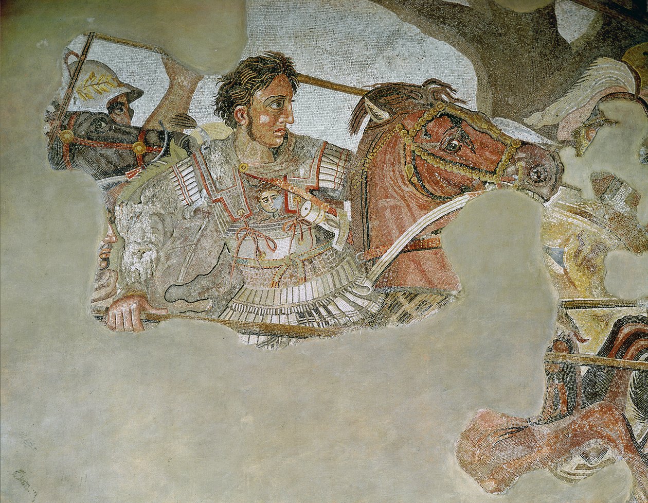 Aleksanteri-mosaiikki, yksityiskohta, joka kuvaa Aleksanteri Suurta 356-323 eKr. Issuksen taistelussa Dareios III:aa vastaan 399-330 eKr. vuonna 333 eKr. mosaiikin yksityiskohta 154003:sta. tekijältä Roman