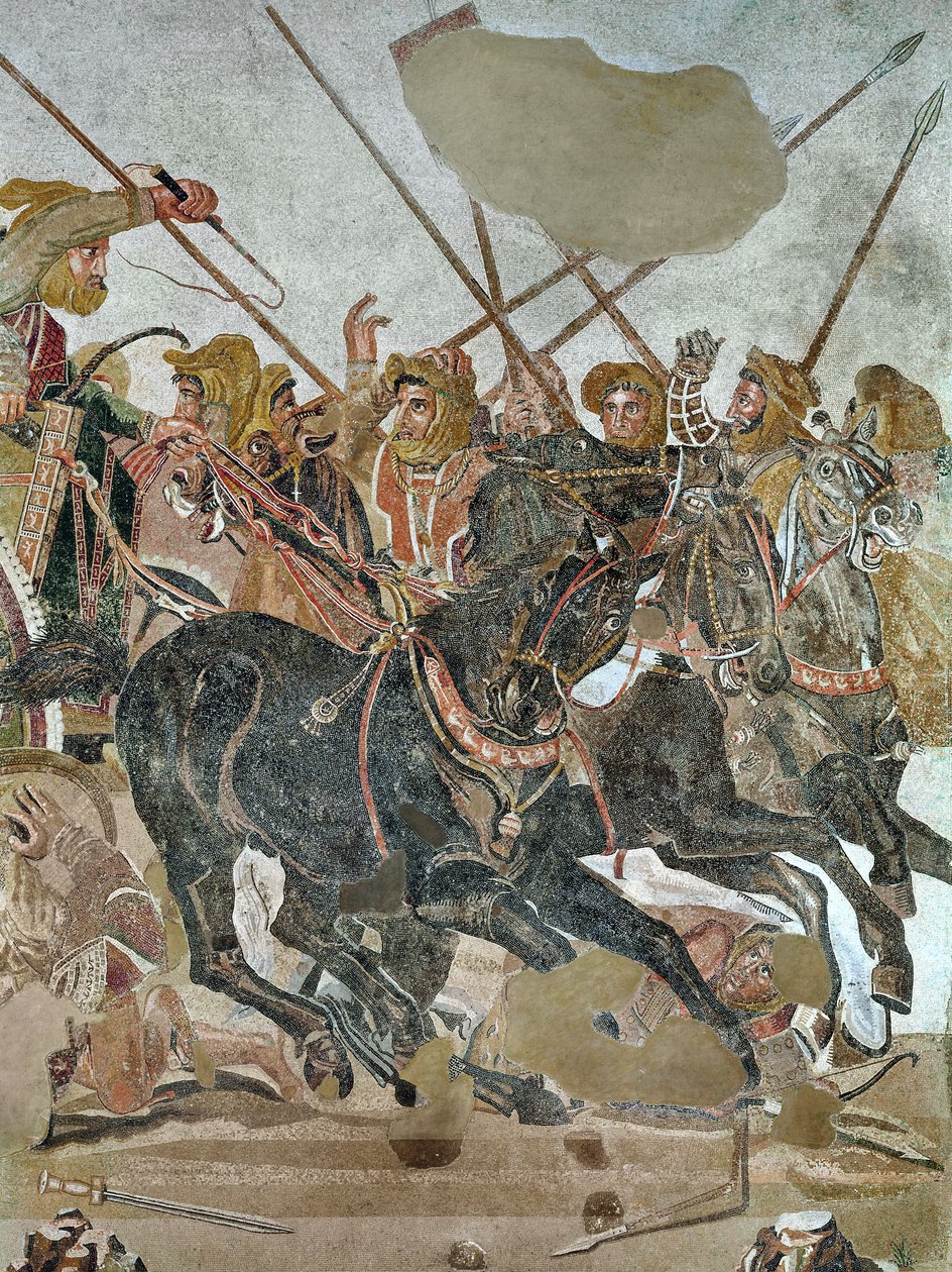 Aleksanterin mosaiikki, yksityiskohta Persian armeijasta Issuksen taistelussa, n. 80 eKr. mosaiikki tekijältä Roman