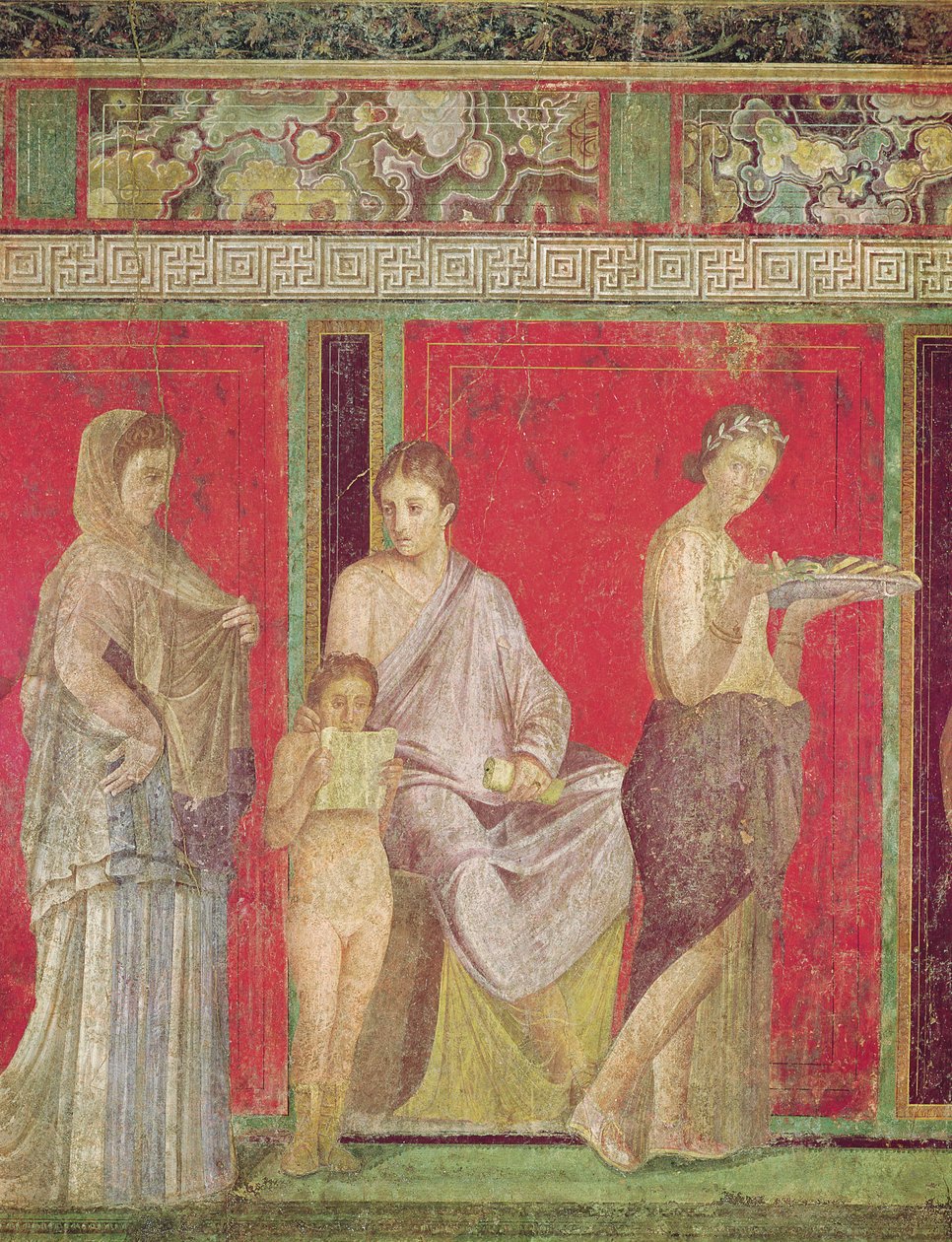 Katekismus, jossa nuori tyttö lukee ja uhrilahja, North Wall, Oecus 5, n. 60-50 eKr. (katso myös 55070, 57184 ja 20015) tekijältä Roman