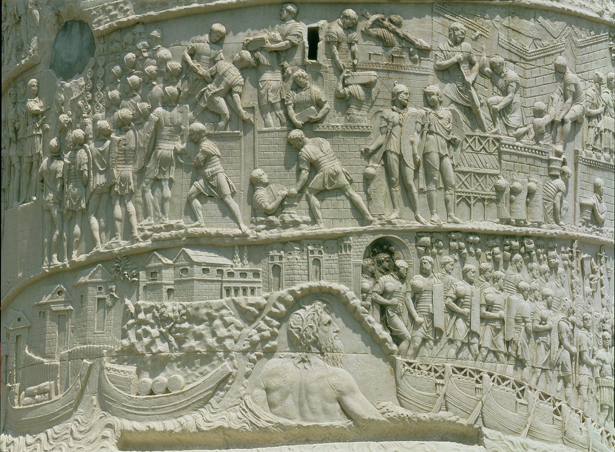 Rooman armeija ylitti Tonavan, yksityiskohta Trajanuksen pylväästä, 113 jKr (kalkkikivi) tekijältä Roman
