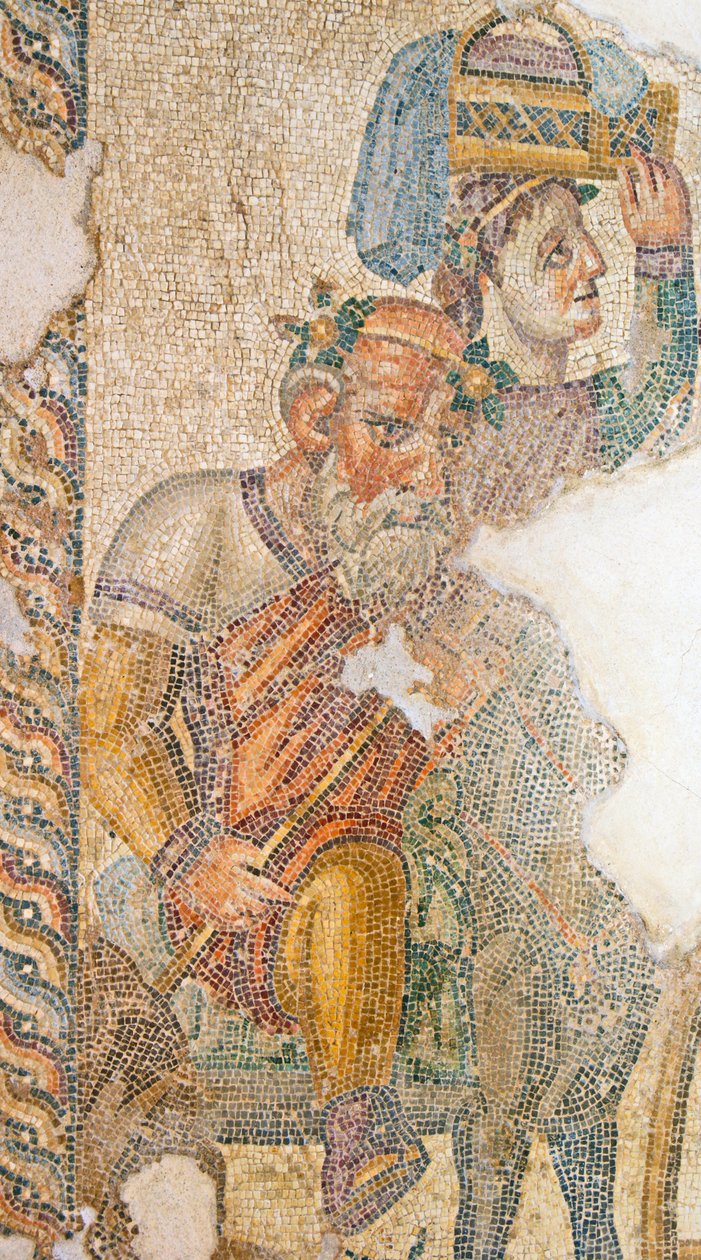 Dionysoksen voittokulkue, yksityiskohta Seilenosista ratsastamassa aasillaan. House of Aion, Paphos, Kypros mosaiikki tekijältä Roman