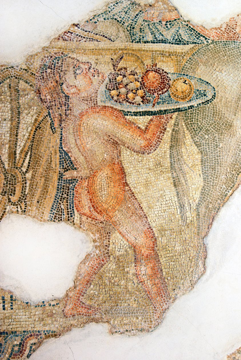 Dionysoksen voittokulkue, yksityiskohta hedelmäntuottajasta. House of Aion, Paphos, Kypros mosaiikki tekijältä Roman